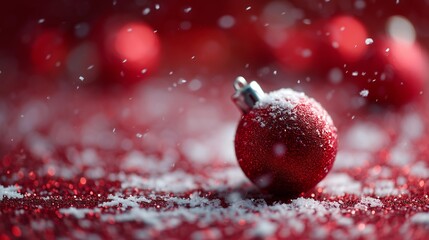 A glittery red Christmas ornament covered with snowflakes, set against a festive red background for a holiday atmosphere.