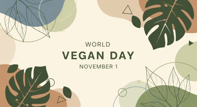 World vegan day November 1 text. Banner with green leaf shapes and organic abstract design for a healthy lifestyle.