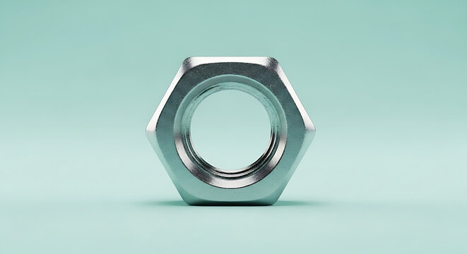 A close up shot of a single metal hex nut on a light blue background with soft studio lighting - Powered by Adobe