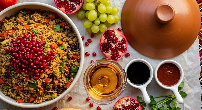 Vibrant Bulgur Salad with Pomegranate and Grapes with Sauces tabbouleh couscous salad