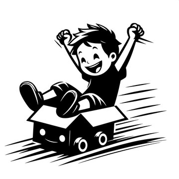 Boy Trying to Ride Dog Cardboard Box Sled