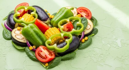 Fresh vegetable heart on green table. Healthy food, vegan and vegetarian diet concept for World Vegan Day. Nutrition background with pepper, corn, tomato, eggplant, spinach.