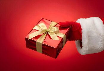 hand Santa Claus with chrismas gift box on red background 