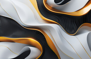 Abstrakcyjne czarno białe fale z złotymi liniami, eleganckie nowoczesne tło 3d.