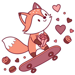 Delightful Grumpy Foxe in a Valentine scene with riding a skateboard – Valentine Blush vector illustration