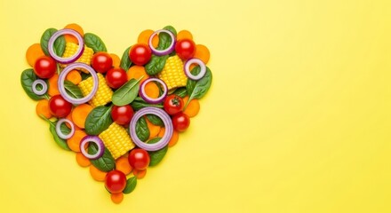 Heart shape composed of fresh vegetable slices. Healthy eating and vegan good for wellbeing concept. World Vegan Day.