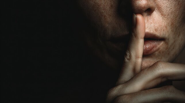 A person's face expressing silent with finger on mouth in dark