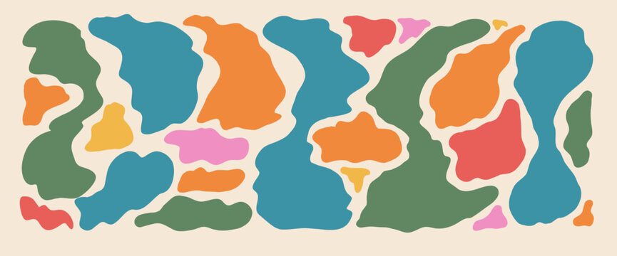 Multicolor abstract blobs pattern. Spot freeform shape background. Orange, blue, green, and pink irregular modern camo splodges. Kids abstract vector pattern. Simple animal decorative design.