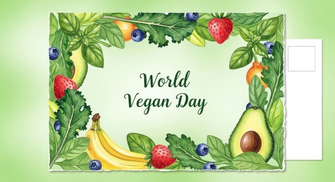 Green watercolor framed text world vegan day with fresh fruits and vegetable. Healthy food advertising for vegetarian diet.