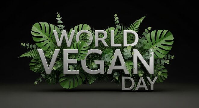 World Vegan Day text with lush green foliage. 3D render for vegetarian lifestyle, healthy eating promotion, and sustainability concept. - Powered by Adobe