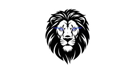 A frontfacing lion head with a black mane and blue eyes