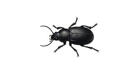 A glossy black beetle with six legs and long antennae stands out against a white background