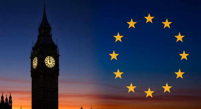 Big Ben and European Union Flag at Sunset: Brexit Concept