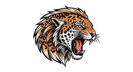 A roaring jaguar head with orange fur and black spots sharp teeth and white mane