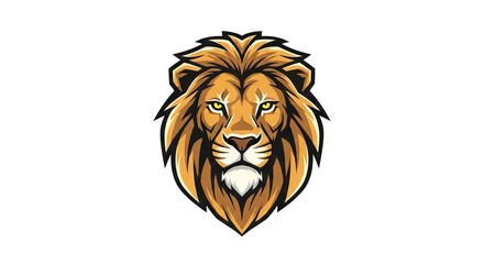 A stylized lions head with a detailed mane and piercing yellow eyes on a white background