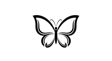 A stylized symmetrical butterfly design rendered in solid black on a stark white background