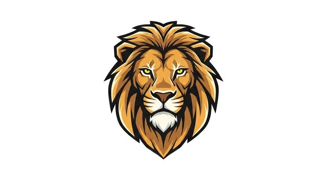 A stylized lions head with a detailed mane and piercing yellow eyes on a white background