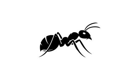 An ant is shown in profile rendered in stark black silhouette against a white background