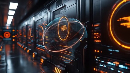 Futuristic server room with glowing orange hologram interface, advanced technology, digital security, modern data center, cyber security, data protection, digital innovation, and modern protection - Powered by Adobe