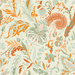 Orange Mint Ornamental Floral Pattern