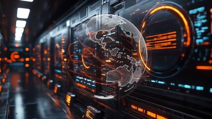 Futuristic data center server room with glowing orange lights, digital globe hologram, advanced server technology, cyber security, modern network infrastructure, high tech atmosphere, secure - Powered by Adobe