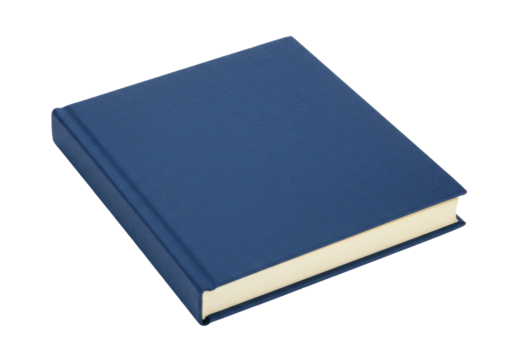Isolated journal or notebook with a solid blue cover and tan pages, closed and at an angle