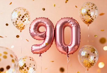 Pink foil balloons forming number 90 among gold confetti balloons