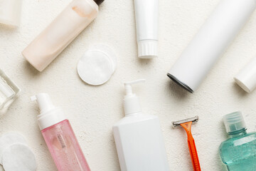 Mockup for bathing products top view flat lay, spa razor, toothpaste, soap, gel and other various...