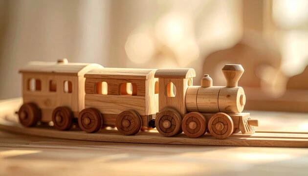 tren de juguete de madera, con locomotora y vagones unidos por peque&ntilde;os imanes. Madera pulida con vetas visibles, colores suaves y pintura mate. Iluminaci&oacute;n c&aacute;lida y natural que resalta la textura.