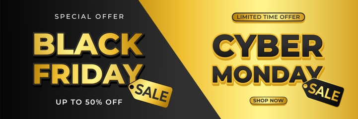 Black Friday and Cyber Monday sale banner with black and gold luxury background, 3d text effect vector design for sale promotion, e-commerce, marketing ads, events, social media, web and headers