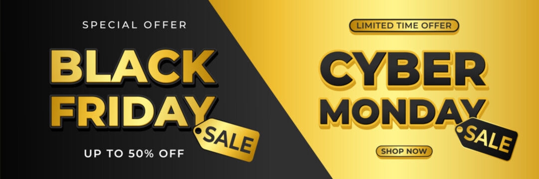 Black Friday and Cyber Monday sale banner with black and gold luxury background, 3d text effect vector design for sale promotion, e-commerce, marketing ads, events, social media, web and headers