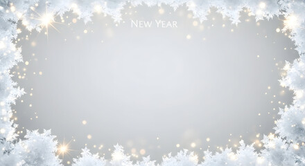 Fototapeta premium A festive winter background with a frame of white snowflakes and golden sparkling lights, perfect for New Year celebrations.