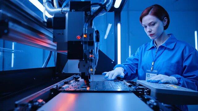 Operating robot for pcb inspection. Woman technician monitors machine. Engineer inspects electronics components. Manufacturing process in factory automation. Assembly line handles pcb and electronics.