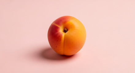 Close up shot of a single ripe apricot with a reddish hue sitting on a light pink surface plain backdrop