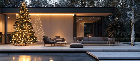 A luxurious, modern living room adorned with minimalist Christmas decorations, including  illuminated Christmas tree