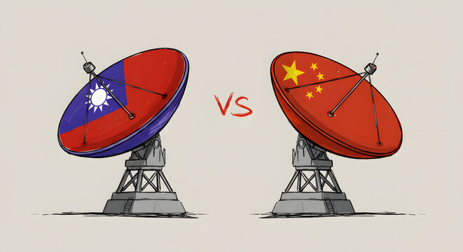 Taiwan vs. China Satellite Dishes: Geopolitical Communication Conflict Illustration - Powered by Adobe