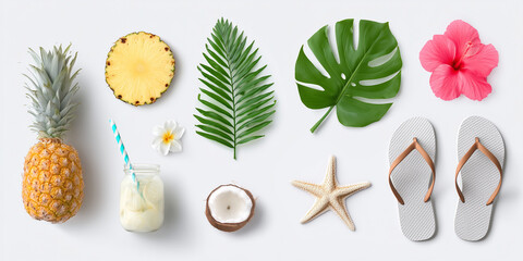 Flat lay of tropical summer items isolated on white background
