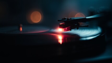 Naklejka premium Close-up of a spinning vinyl record with a glowing tonearm, creating a nostalgic and atmospheric music vibe.