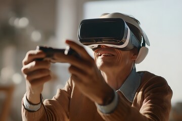 Person wearing virtual reality headset playing video game with handheld controller