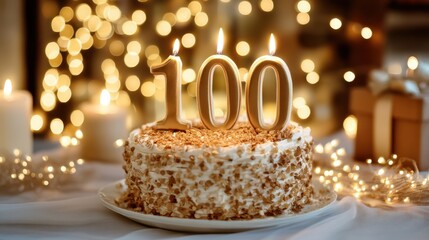 Festive birthday cake with golden number 100 candle for a centennial celebration. Special event anniversary dessert with blurred bokeh lights.