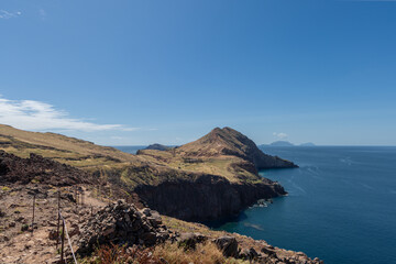 High vantage reveals the sunlit headland of Ponta de Sao Lourenco Madeira framed by deep blue Atlantic water