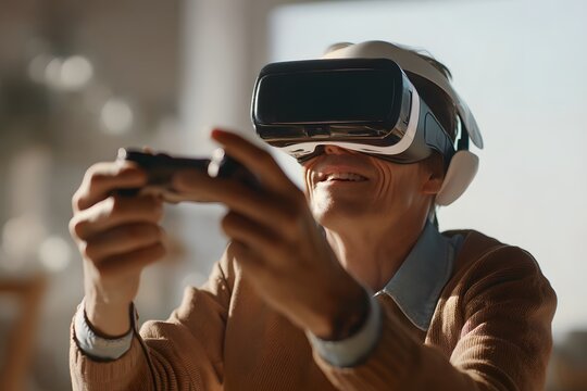 Person wearing virtual reality headset playing video game with handheld controller - Powered by Adobe