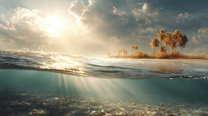 Surreal underwater beach scene with reversed horizon golden light dreamy ocean landscape fantasy seascape reflection illusion atmospheric sky water background