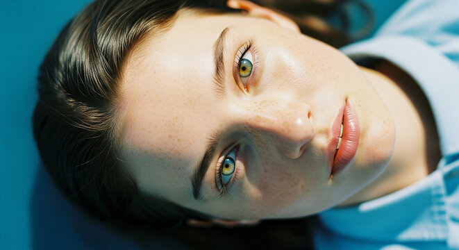 Close-up portrait of a young woman with mesmerizing heterochromatic eyes and freckles.