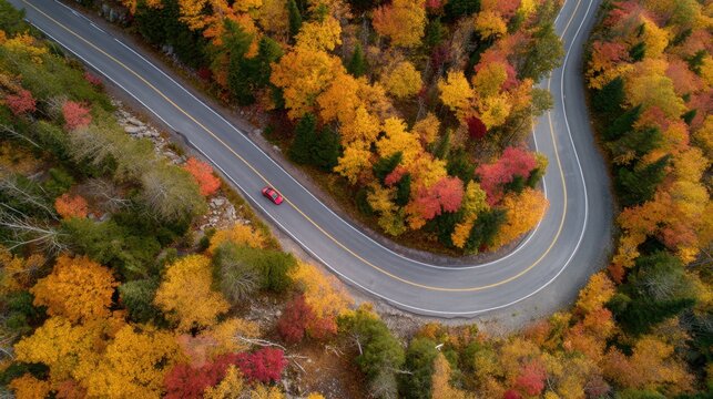 Aerial view of red car driving on a winding road through vibrant autumn forest. Scenic fall foliage landscape for travel and nature.