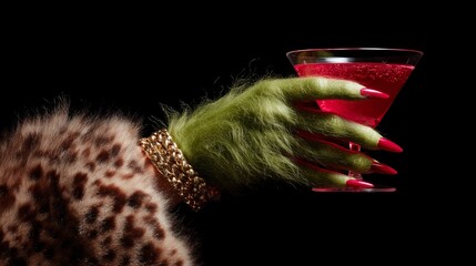A furry green hand with red nails holds a sparkling red cocktail, adorned with gold bracelets and a fur coat.