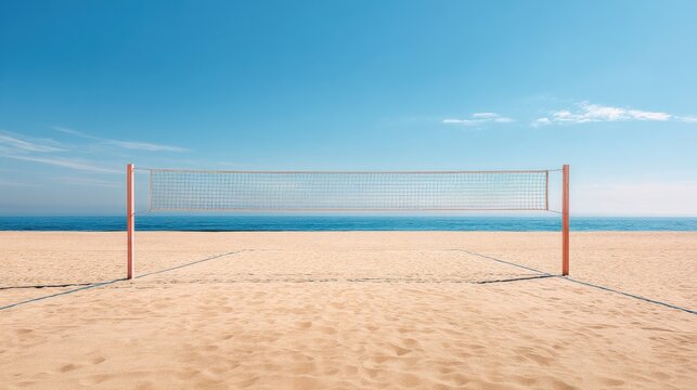 Empty volleyball net on a sunny sandy beach with the ocean and blue sky in the background. Summer sports and outdoor activity concept.