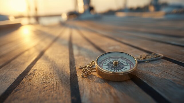 Golden compass on wooden boat deck. Finding direction and guidance in journey and travel concept. Adventure and exploration.