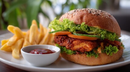 Delicious chicken burger meal with golden french fries and red ketchup on a white plate. Bistro style fast food for lunch and dinner menu.