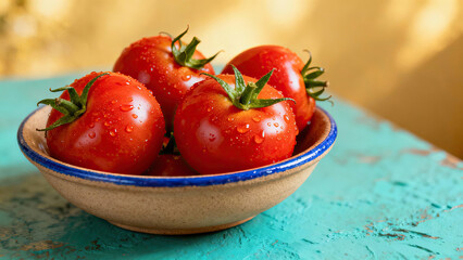 Fresh Ripe Red Tomatoes with Water Droplets in Ceramic Bowl
featuring a cluster of fresh, ripe red tomatoes piled in a rustic ceramic bowl with a blue rim